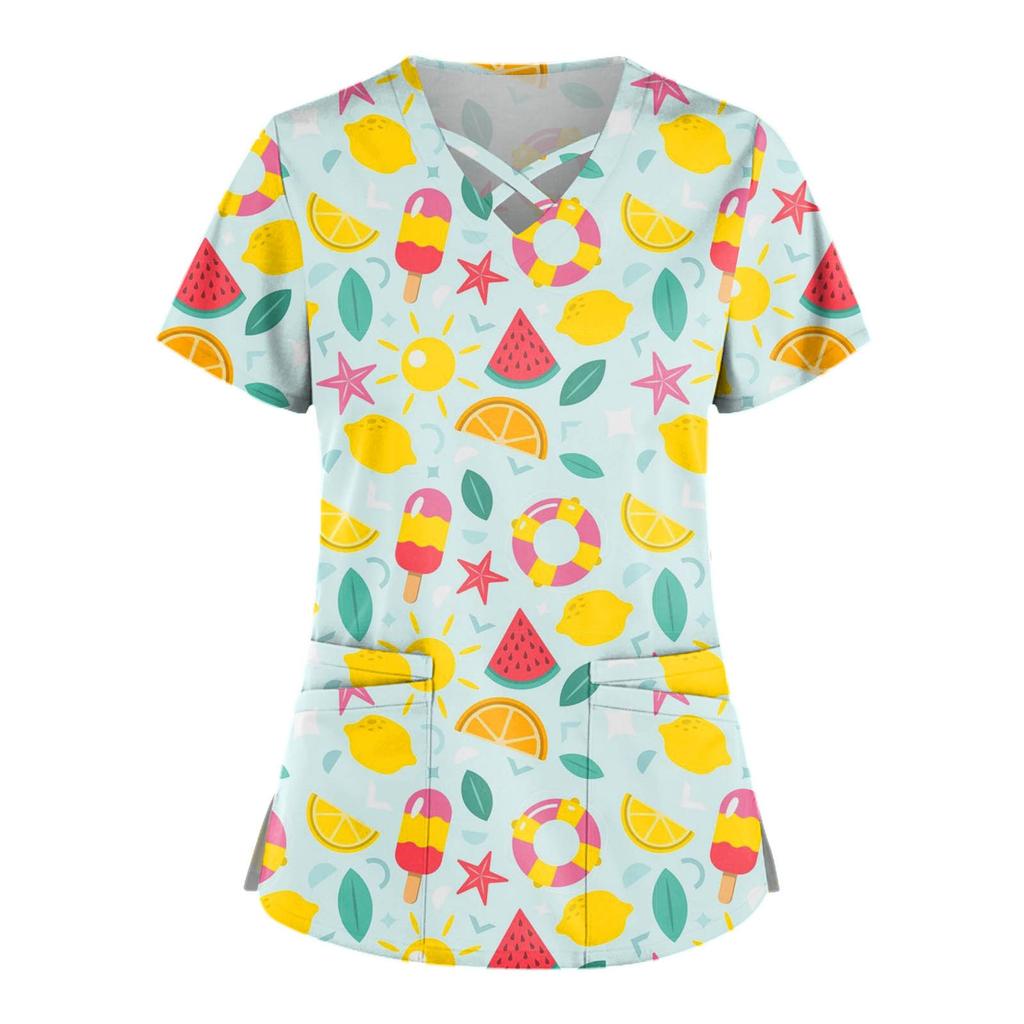 Plus Size Cute Printed Scrub Working Uniform Tops For Women Cross V-Neck Short Sleeve Fun T-Shirts Workwear Tee with Double Pockets