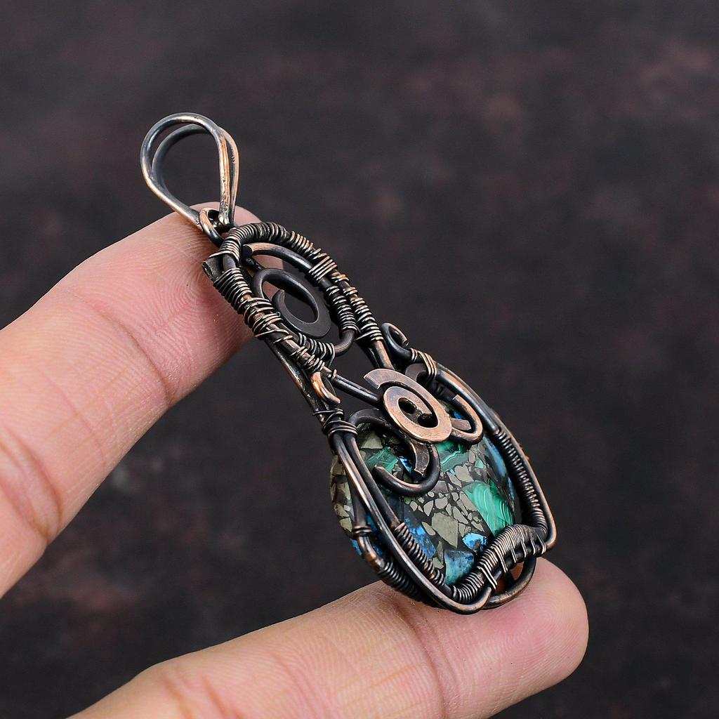 Медный Кулон Азурит Малахит Кулон Обмотан Медной Проволокой Ювелирное Изделие из Драгоценного Камня Высшего Качества Подарок для Нее Кулон Ручной Работы Ювелирное Изделие из Медной Проволоки