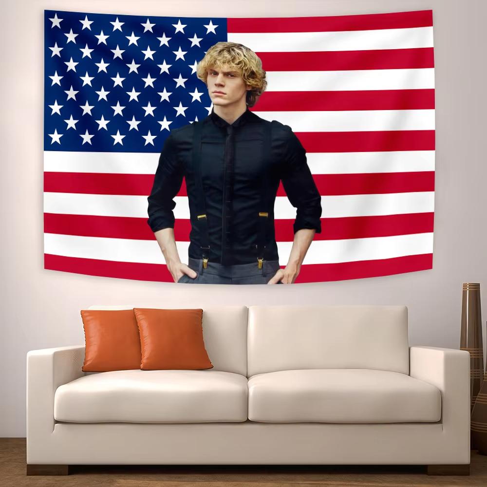 Тканевое панно Evan Peters с американским флагом Забавный мем-баннер для стены Вирусный стиль Декор для спальни, вечеринки, задний фон Для дома Плоская печать