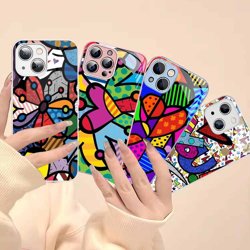 Art R-Romero Britto For IPhone 14 13 12 Mini 11 Pro XS Max X XR 14 Plus Tempered Glass Cover