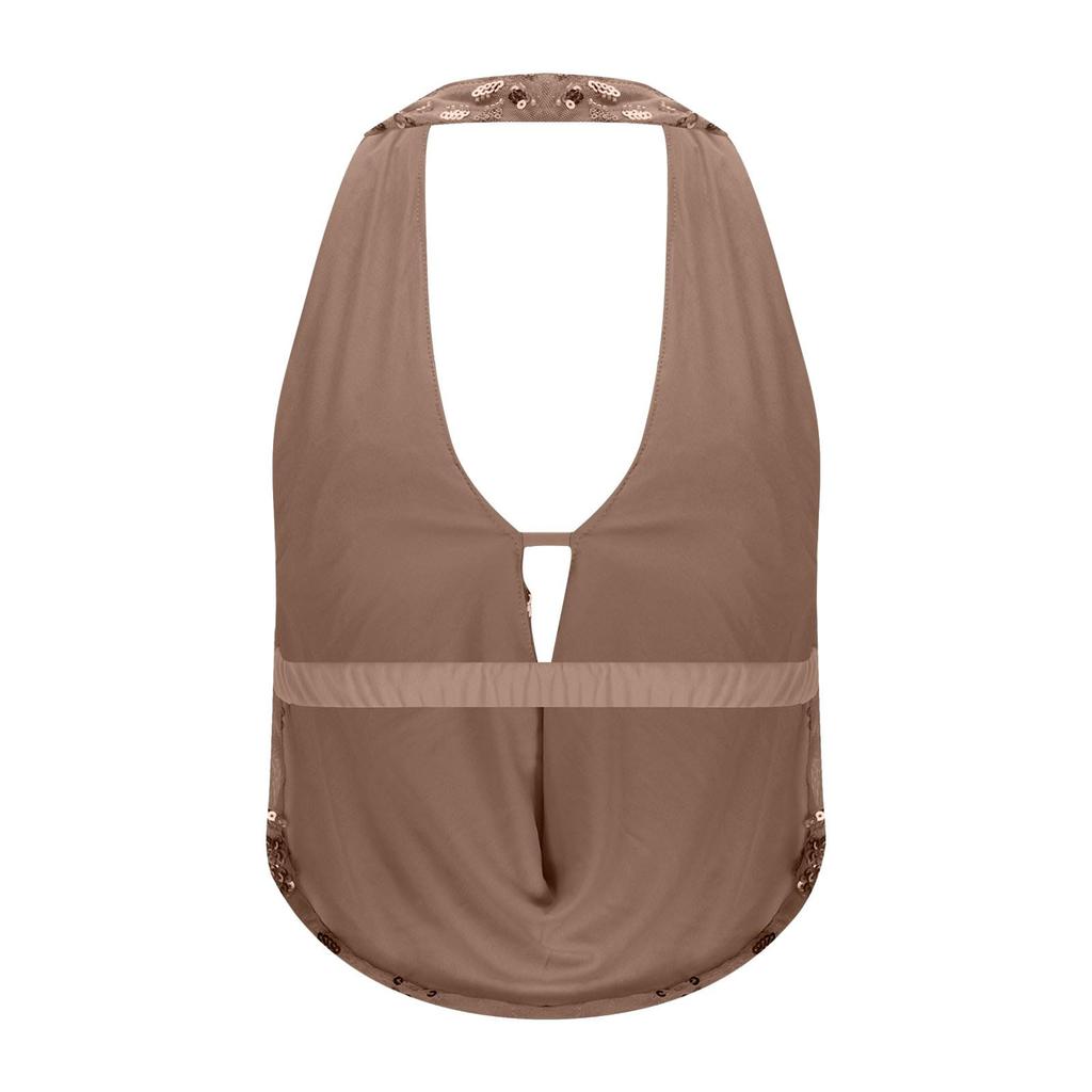 Ladies' Hollow Sequined V-neck Sleeveless Hanging Neck Backless Slim Fit Top