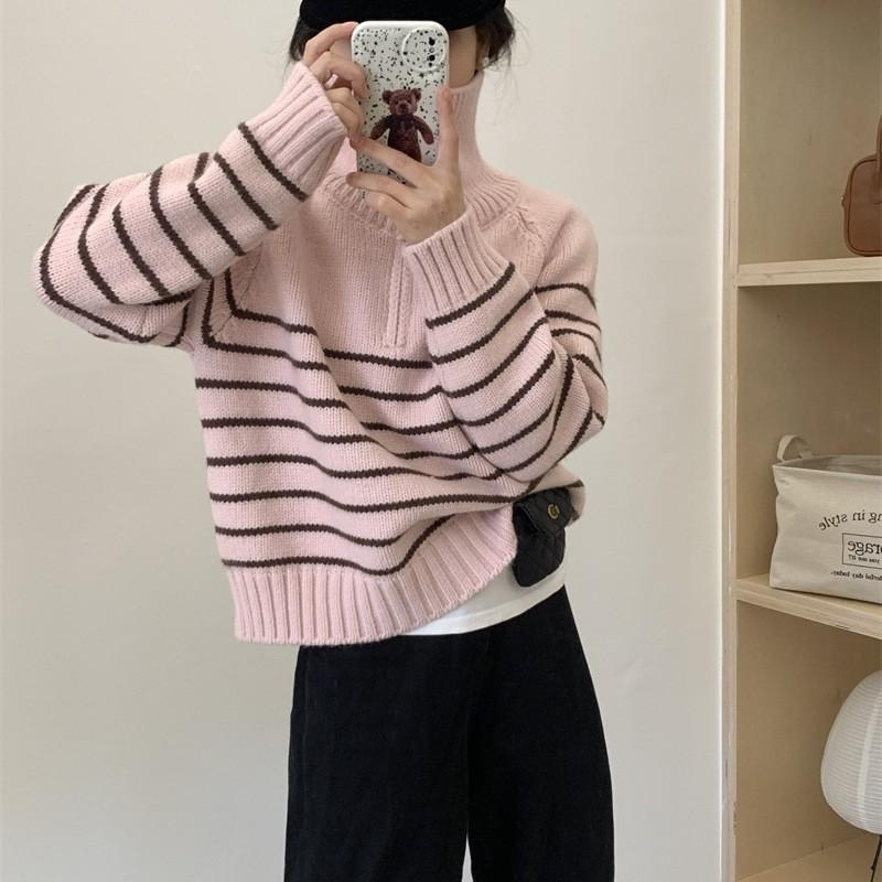 Women's Fashion Casual Fall Winter Stripe Print Long Sleeve POLO Neck Sweaters