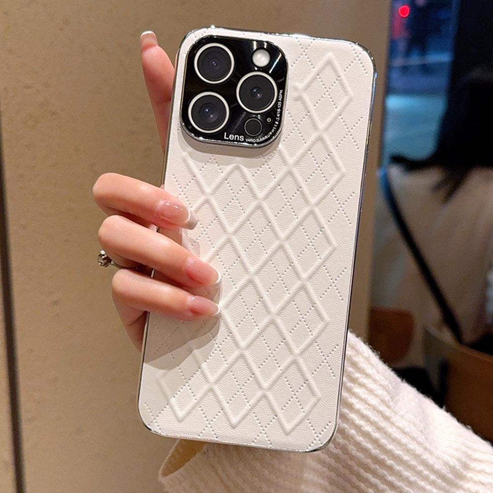 For iPhone 15 Pro Case Electroplated Silver Edge Rhombus Pattern PC + PU Leather Phone Back Cover