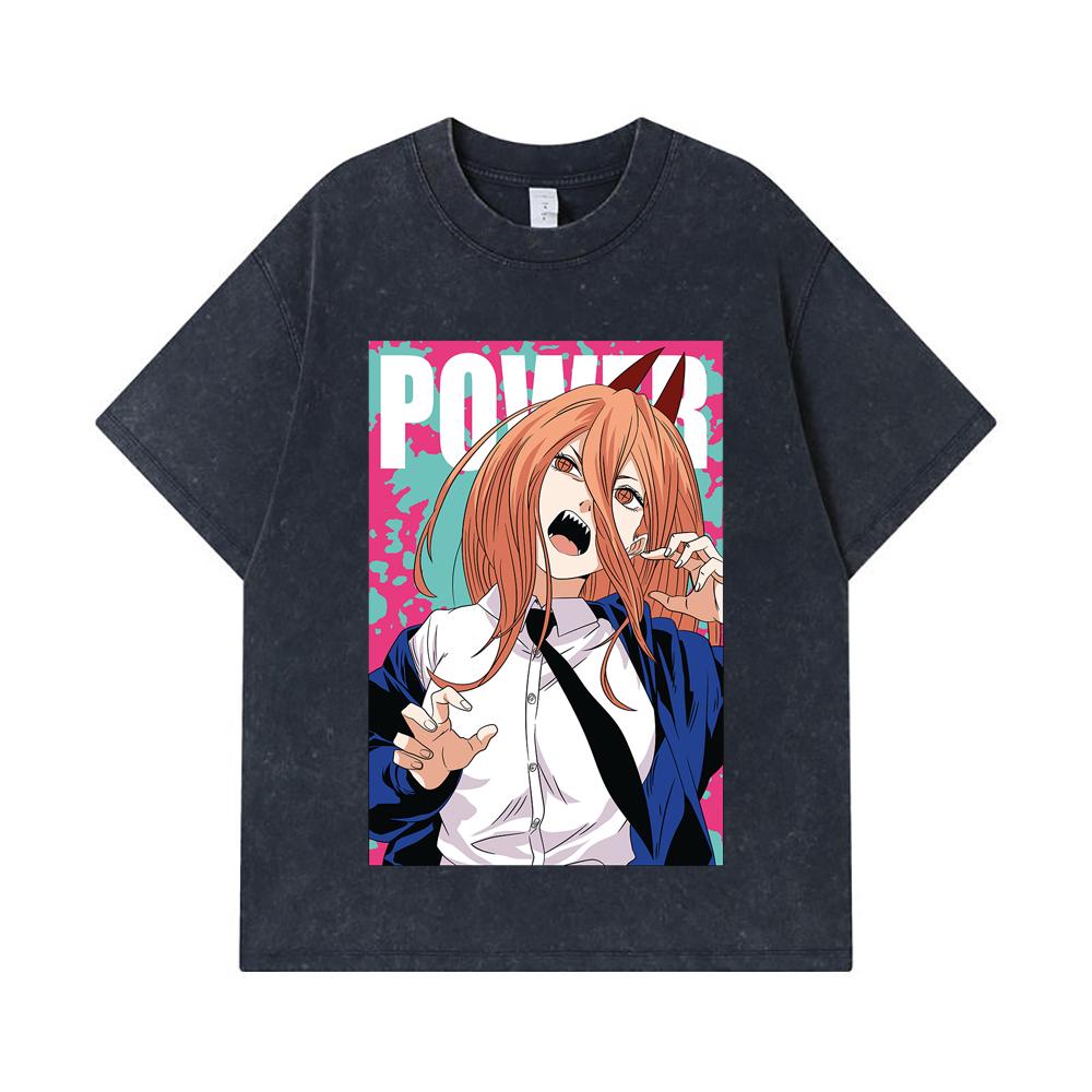 275 GSM Washed T-shirts 100% Cotton Chainsaw Man V49 Power Print Unisex Heavy Cotton T Shirt