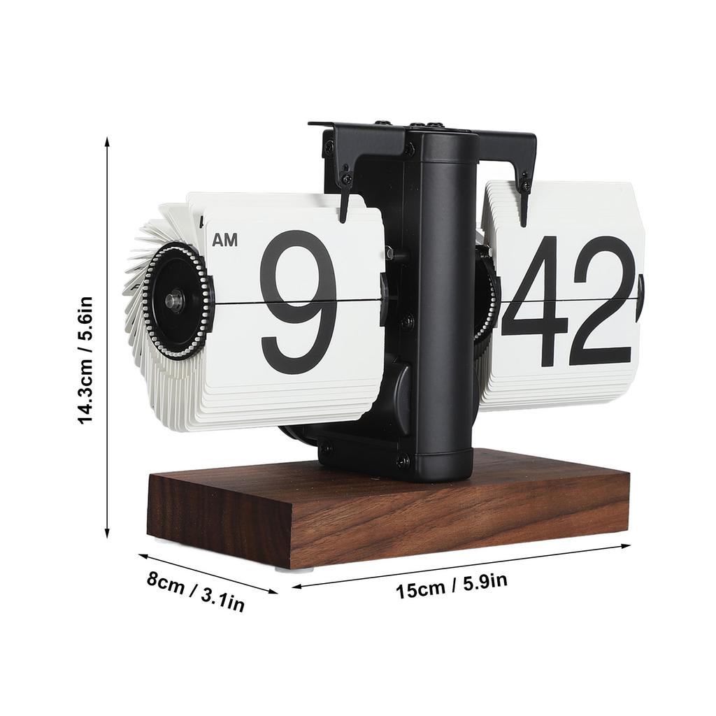 Digital Flip Clock 12 Hours Single Sided Large Number Automatic Retro Mechanical Flip Clock with Wood Base for Bedroom Office