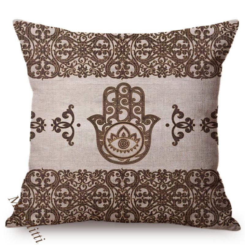 Arabic Fatima Hand Cushion Cover Worship Decoration Hamsa Khamsah Hand Pattern Print Cotton Linen Sofa Pillowcase Cojines Kussen