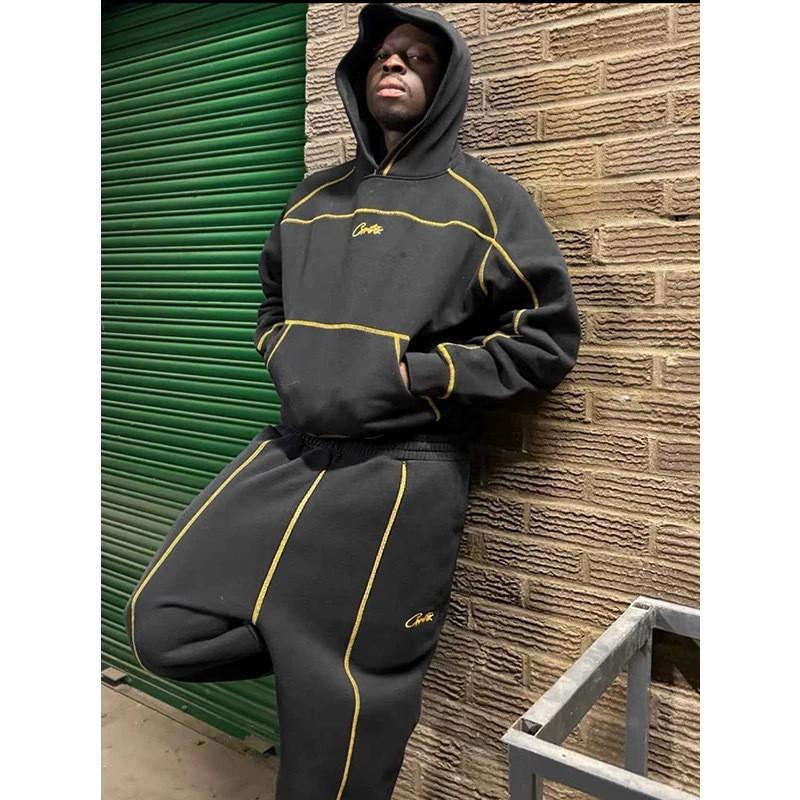 Corteiz Alcatraz Embroidered Letter Patchwork Fleece Lined Hoodie Jogger Set Unisex Casual Streetwear