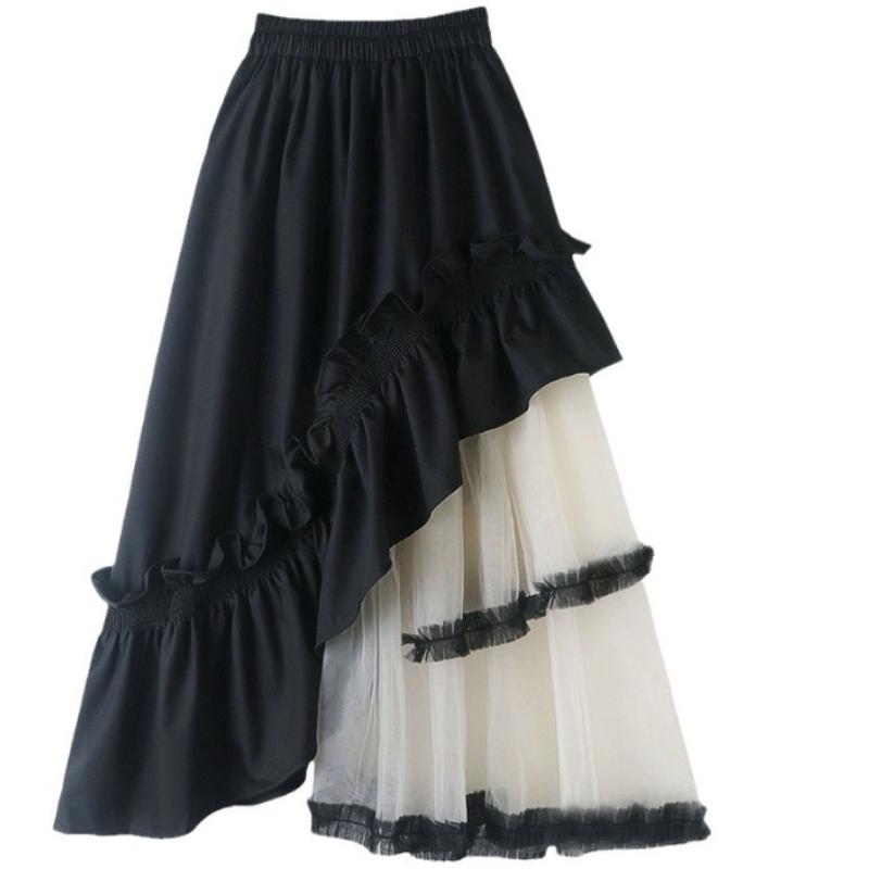 Модная Юбка Женская С Высокой Талией А-силуэта Jupe Корейская Saia De Moda Пэчворк Марля Неровные Оборки Милые Юбки