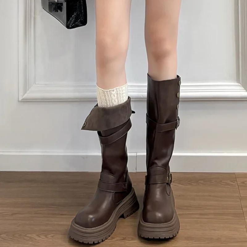 Зимние ботфорты на платформе для женщин, модные ботильоны с ремешком и пряжкой, винтажные ботильоны на низком квадратном каблуке, женская обувь