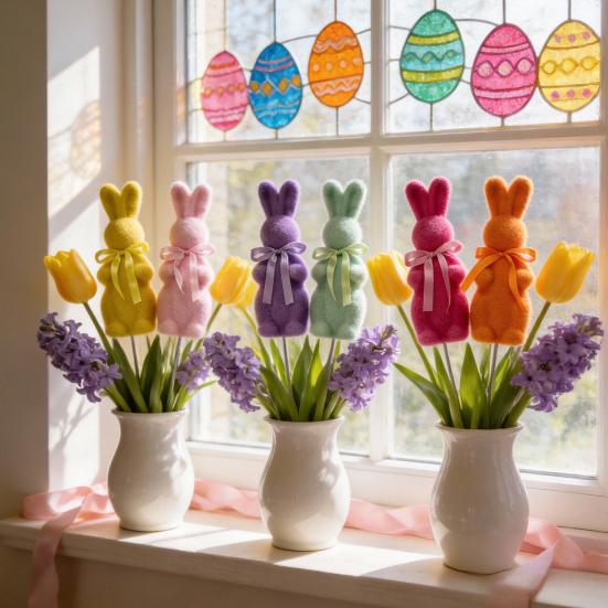 Пасхальная фигурка кролика с флоком Маленький пенопластовый кролик с галстуком-бабочкой Весенний кролик-кол для улицы, дома, двора, газона, кашпо, горшка, декор