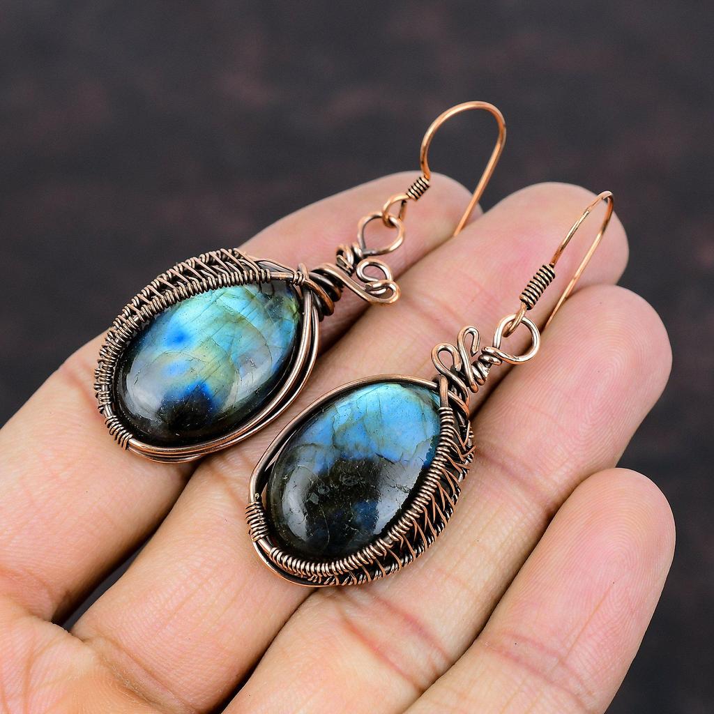 Labradorite Earring Copper Wire Wrapped Earrings Handmade Copper Jewelry Genuine Gemstone Earring Wire Wrapped Jewelry Special Occasion Gift