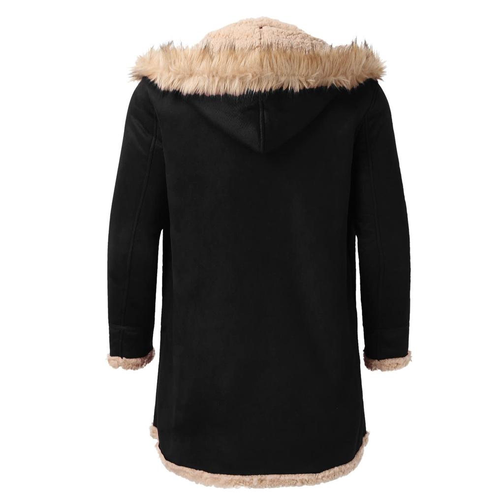 Men'S Artificial Lined Cashmere Hooded Jacket Men'S Retro Long Suede Jacket Coat