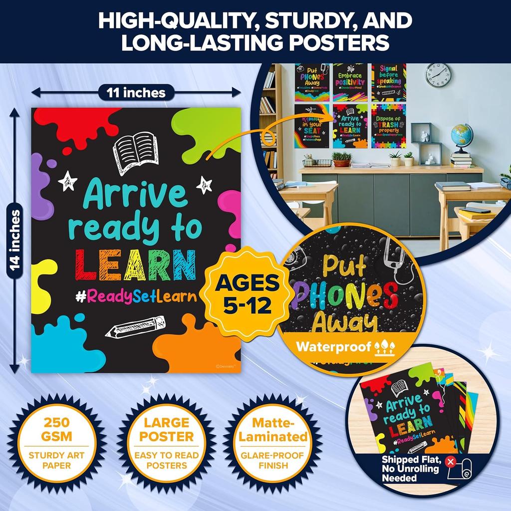 Decorably 20 Chalkboard Classroom Rules Poster High School, Middle and Elementary Class, pirational, Matte-Laminated School Banner Decor - for School