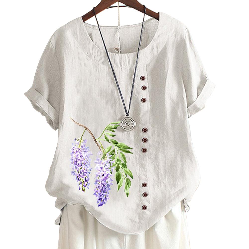 Women's Casual Cotton Linen Blouse with 6 Printed Patterns, Round Neck, and Short Sleeves S-5XL