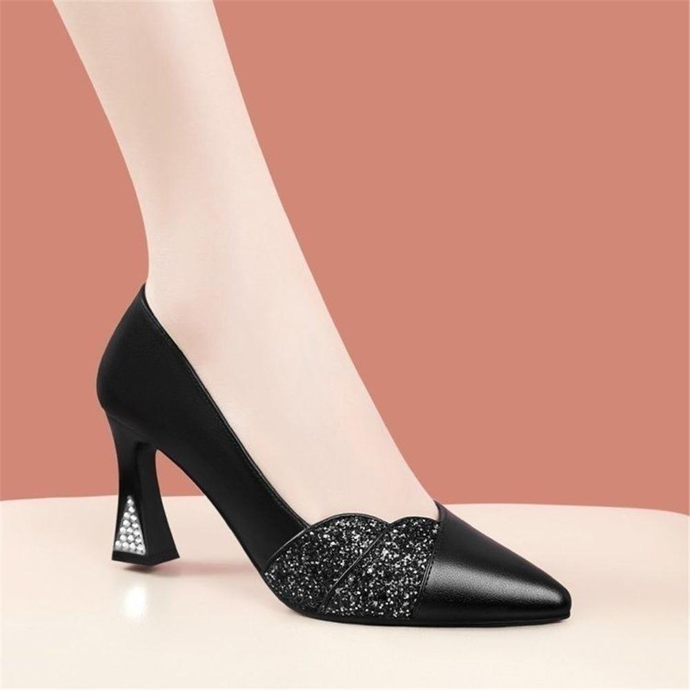 Sapatos Femininas Women Fashion White Crystal High Quality Spring Slip On Square Heel Pumps Lady Classic Shoes Ab658