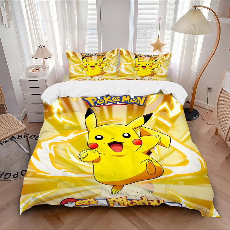 3pcs bedding set Pikachu Electric Includes 1 Comforter + 2 Pillowcases, Without Pillow Inserts, Soft Comfortable, Lightweight Breathable, Pr