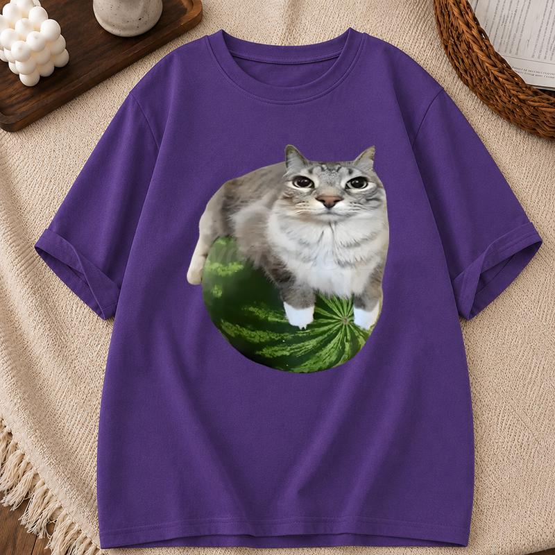 Watermelon Cat Shirts Unisex Unisex Silly Cat Meme TShirt Funny Cat Meme Retro TShirt Funny Meme Round Neck Short Sleeve Tee