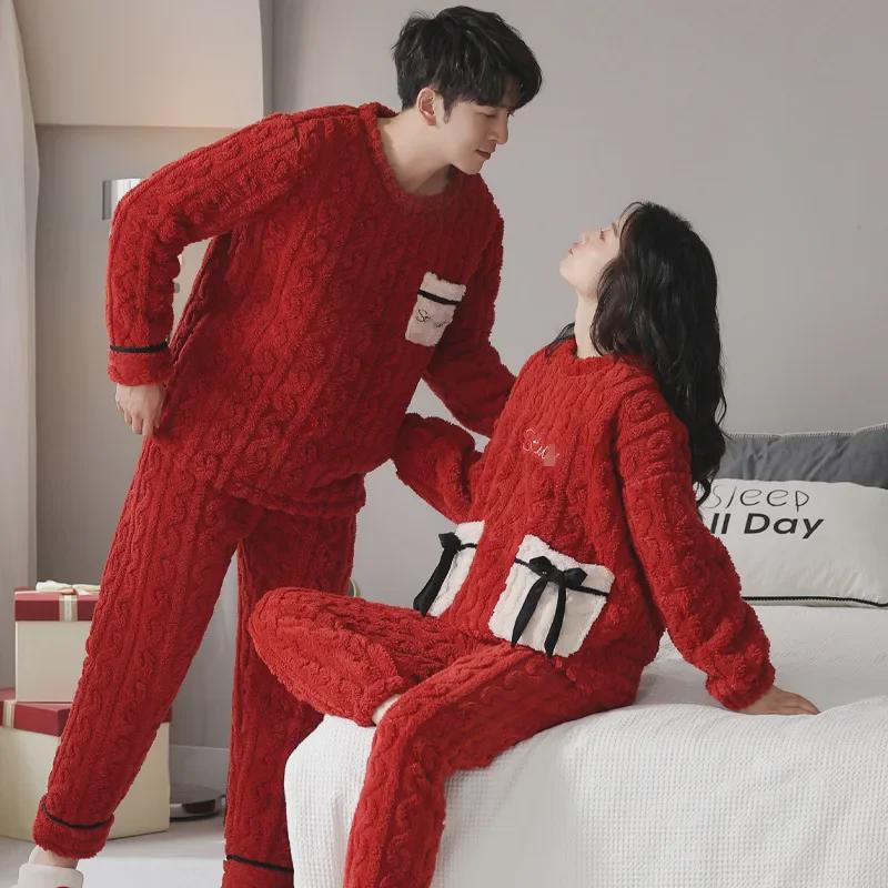 Красная праздничная зимняя свадебная пижама для пары с застежкой-молнией - Длинные волосы, коралловый флис
