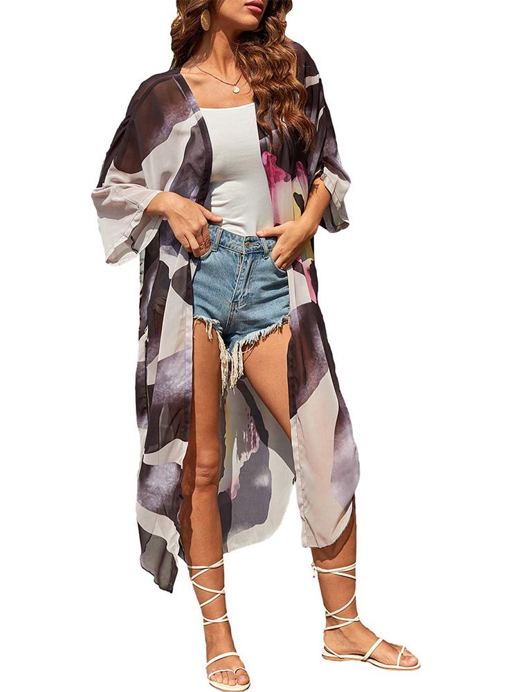 2024 Black Kaftan Boho Printed Chiffon Bikini Cover-ups Summer Beach Wear Kimono Dress Women Summer Swimsuit Cover Up