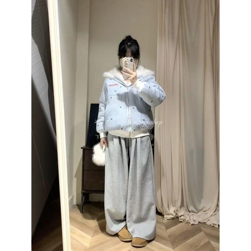 Wearing cat ears hooded cotton clothes on both sides, women's winter design, fur collar striped cotton padded thick warm jacket