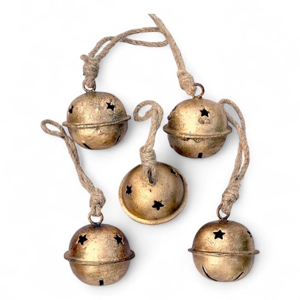 5-Piece Rustic Christmas Bell Set for DIY Holiday Decor, Vintage Sleigh and Witch Bells for Garden, Porch, and Tree Ornaments