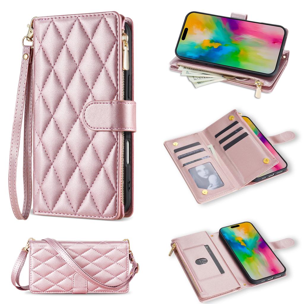 For iPhone 17 Air Case Rhombus Stitching Leather Wallet Phone Cover with Long/Short Strap