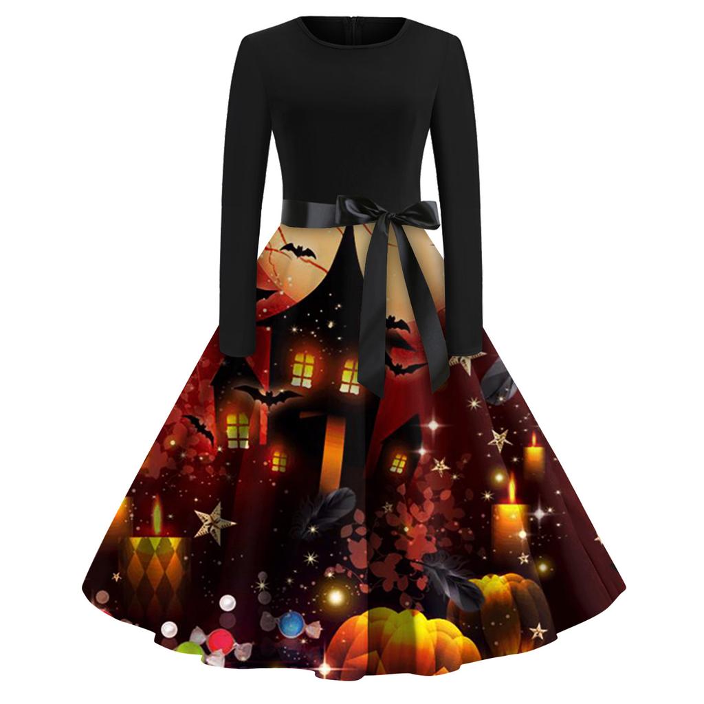 Women's Fashion Round Neck Casual Slim Fit Halloween Printed Long Sleeve Dress