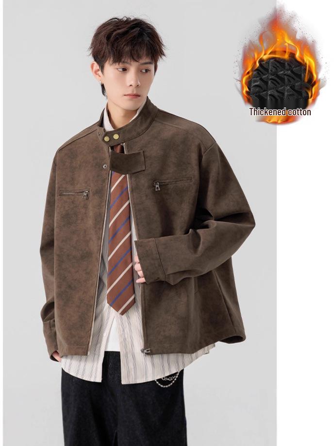 Мужская ретро американская куртка из искусственной кожи тай-дай - Теплая, модная, со стойкой воротником для осени