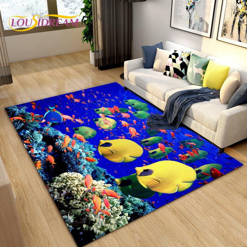 Подводный мир Морское дно Рыба Дельфин Коврик Большой, Коврик для гостиной Спальня Диван Коврик Кухня, Нескользящий напольный коврик