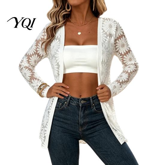 Floral Jacquard Cover-up Women Lace Cardigan, Open Front Long Sleeve Beach Cover-Up, Sheer Summer Kimono Shrug Shrug, Lightweight Casual Top Cardigan