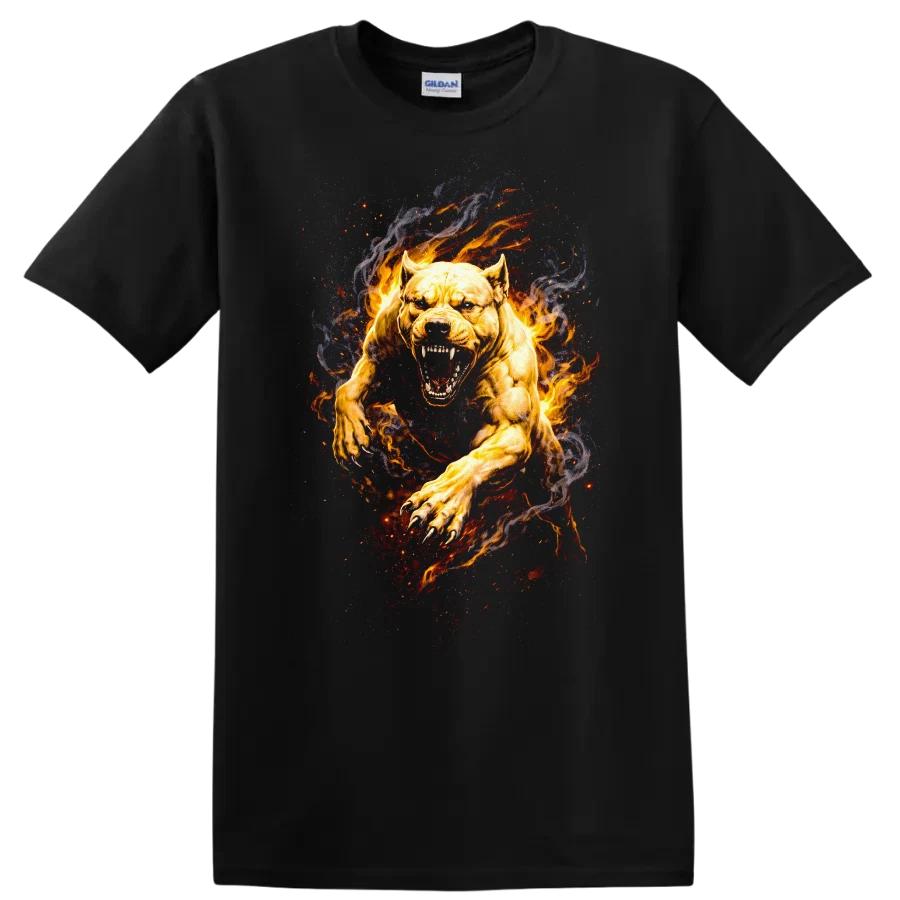 Fierce Pitbull Fire Artwork T Shirt Graphic Tee for Dog Lovers and Pet Owners