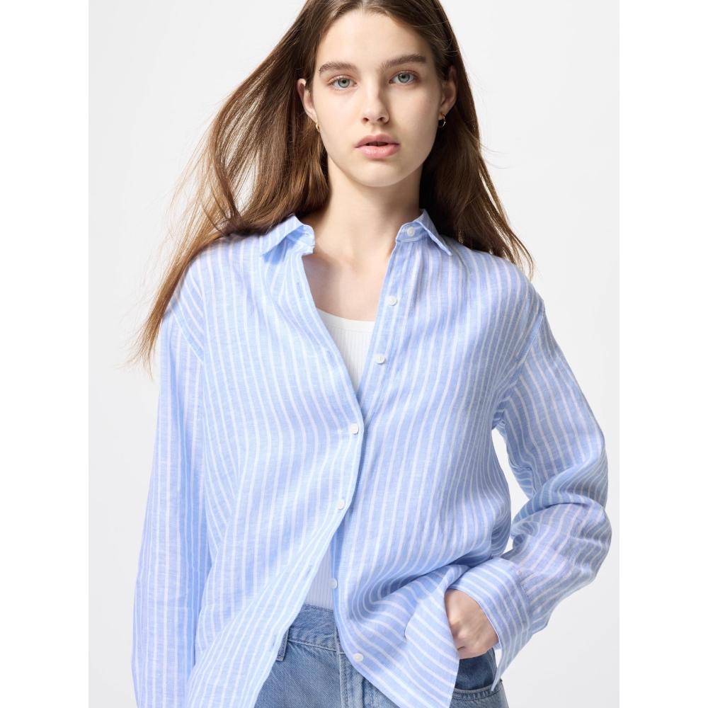 Uniqlo Рубашка из льна премиум-класса с длинным рукавом в полоску