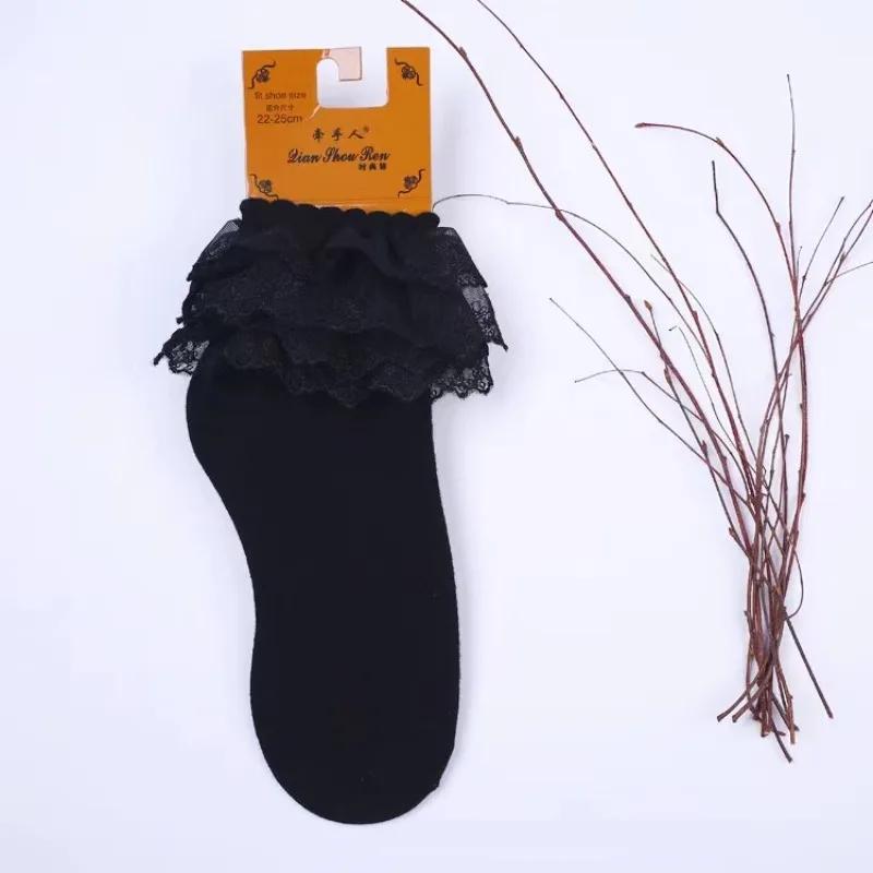 Lolita Women Harajuku Retro Lace Short Ankle Socks JK Frilly Ruffle Cotton Princess Girls Soft Wedding Dance White