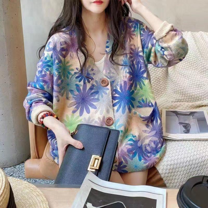 Women's Literary Retro Fall Printing Mink Cardigan Loose Thin Long-sleeved V-neck Knitted Jacket Blouse
