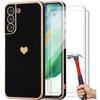 Case for Samsung Galaxy S21 FE Protection Silicone Black Anti-Scratch Heart Pattern + 2 Tempered Glasses
