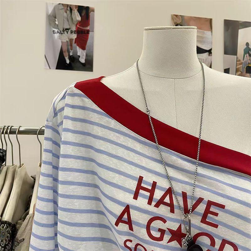 Womens Vintage Striped One-Shoulder Long Sleeve T-Shirt 2026 Casual Loose Fit Printed Top