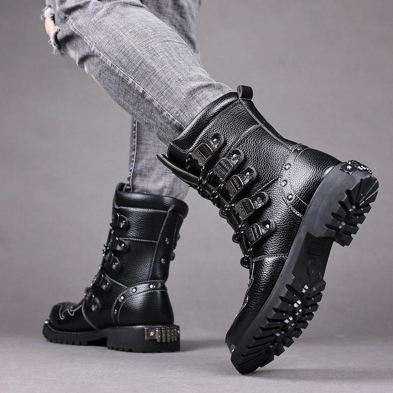 Fashion Mens Motorcycle Boots Leather Boots New Fashion Cowboy Shoes Outdoor Sports Military Tactical Boots Gothic Punk Boots D474