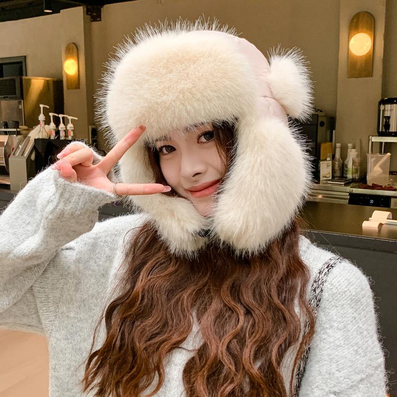 New Autumn and Winter Hat for Women Solid Color Imitation Mink Hair Thickened Cold-proof Lei Feng Hat for Winter Warm Cycling Ear Protection Hat