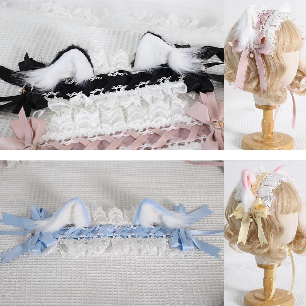 Headdress Cat Ears Cat Ears Headband Lolita Ribbon Hair Accessory Hair Ornament Bowknot Lace Cat Ears Gothic Lolita Maid Mori Girl Head Accessory Cute