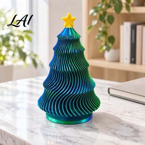 Portable Fidget Toy 3D Printed Spinning Christmas Tree Toy Gradient Ripple Xmas Desktop Ornament with Party Decoration Star Top Rotating Stress