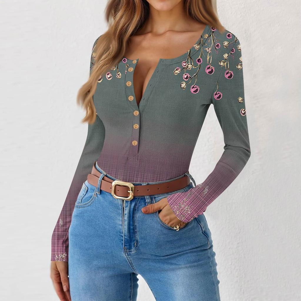 Women's Slim Bottom T-shirt Fashion Casual Gradient Printing Round Neck Pullover Long Sleeve Top