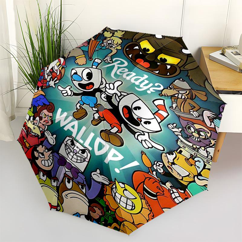 1 шт. Зонт для улицы Cuphead & Mugman - Автоматическое открытие/закрытие, Портативная 3-складная конструкция с 8-реберным железным каркасом - Идеальный подарок для фанатов, путешественников, D