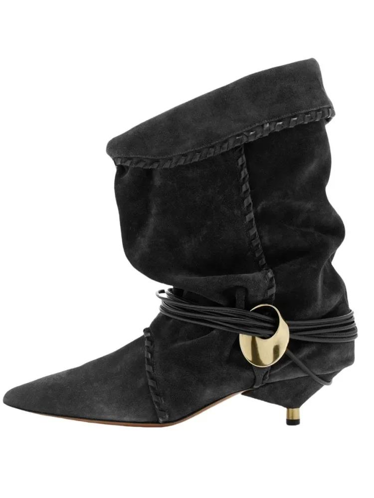 Новые женские европейские и американские остроносые плиссированные ботильоны до икры с бахромой на тонком каблуке 5 см, рыцарские сапоги, ботинки средней длины больших размеров