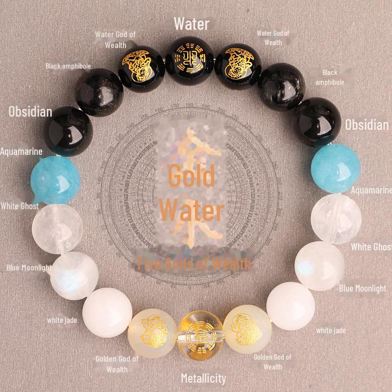 Двойной элемент Вода и Дерево Пятисторонний Бог Богатства Благоприятный Кристалл Браслет для Мужчин и Женщин