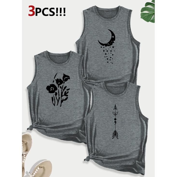 Moon, floral, and arrow combination gift print pattern round neck3Pack of sleeveless vests for women in spring, summer, and autumn