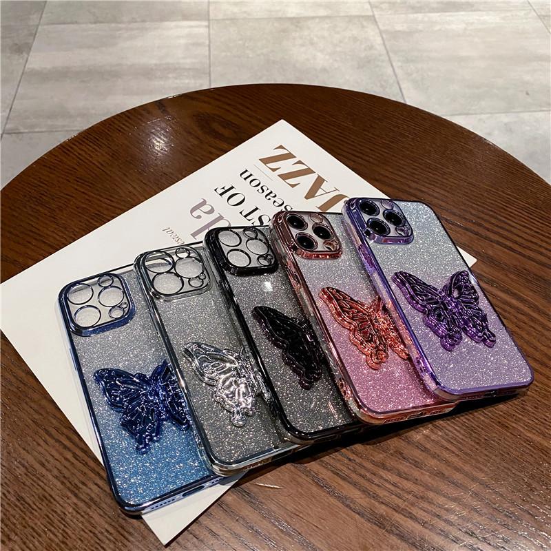Sparkly Phone Case for iPhone 17 16 15 Pro Max with Butterfly Stand Gradient  Full Cover Glitter Case