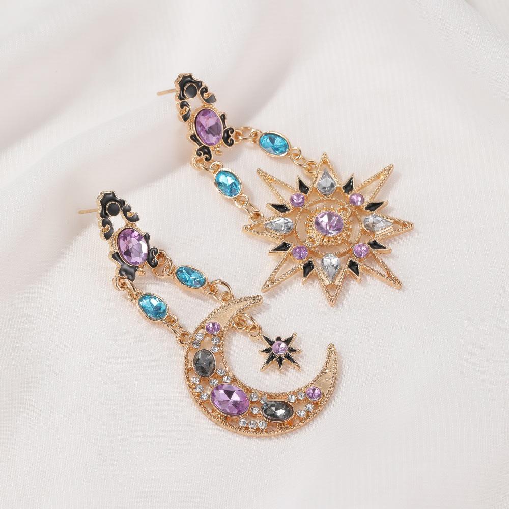 Retro Asymmetrical Sun & Moon Baroque Earrings: Exaggerated Long Design for Women