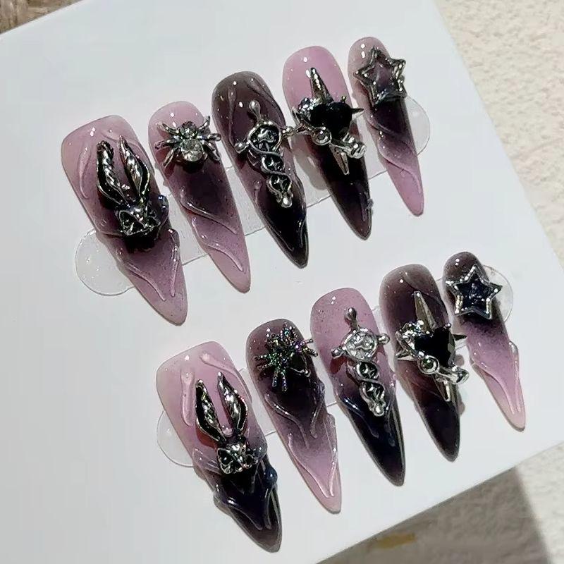10Pcs Blue Long Handmade Cool 3D Love Press on Fake Nails with Metallic Stripe Butterfly Design Stiletto Nails Wearable Manicure