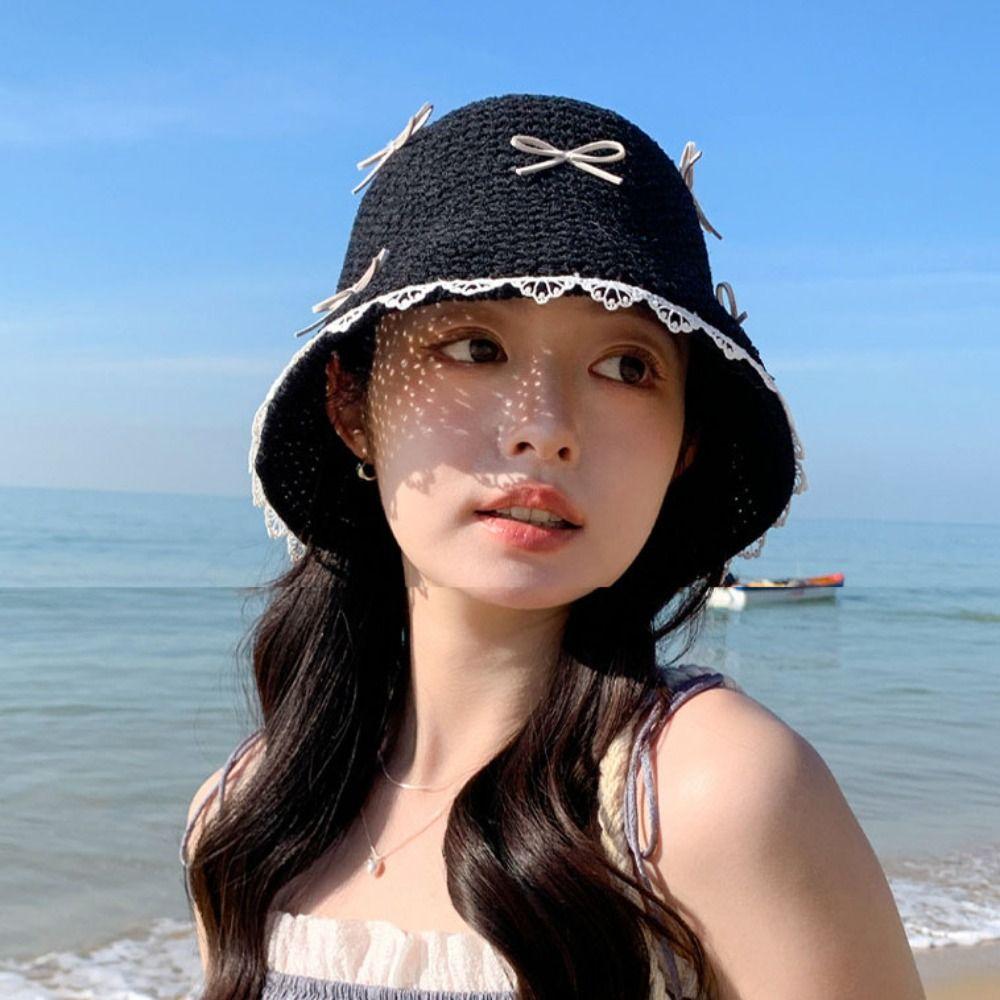 Lace Bow Straw Hat Sun Protection Women's Sun Hat Fashion Sunscreen Fisherman Hat Women
