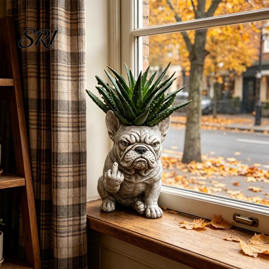 Bulldog Face Planter Funny Pot Novelty Middle Finger Dog Flower Cute Animal Garden Statue for Outdoor Indoor Office Desk Decor Patio Plant